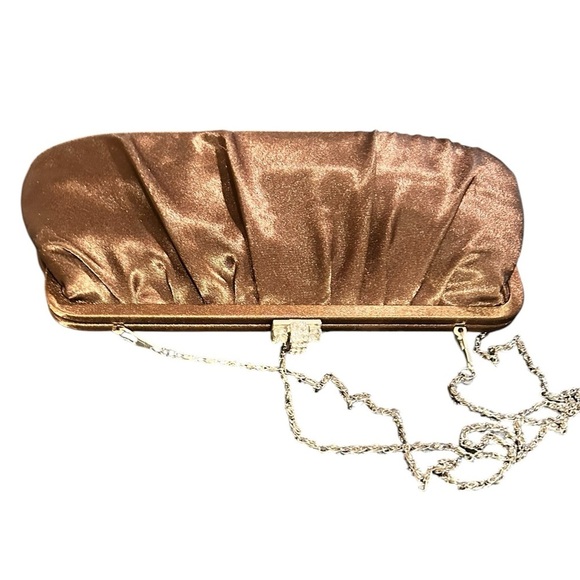 Vintage Brown Satin Rhinestone Clasp Clutch or Shoulder Chain 80’s Evening Bag - Picture 5 of 8